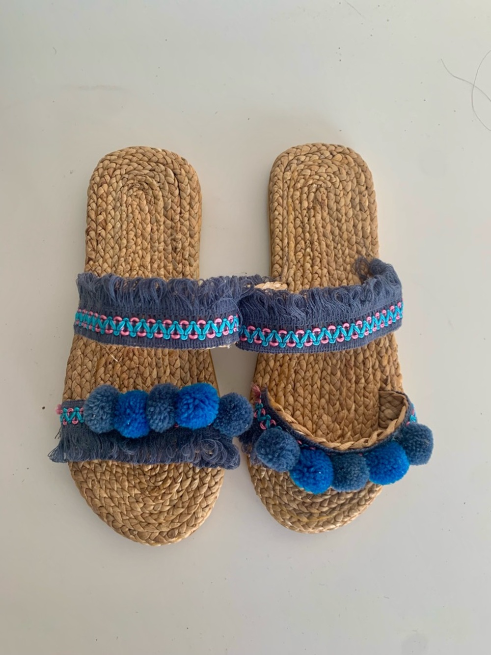 Pom Pom Straw Slide Sandals in Navy and Blue